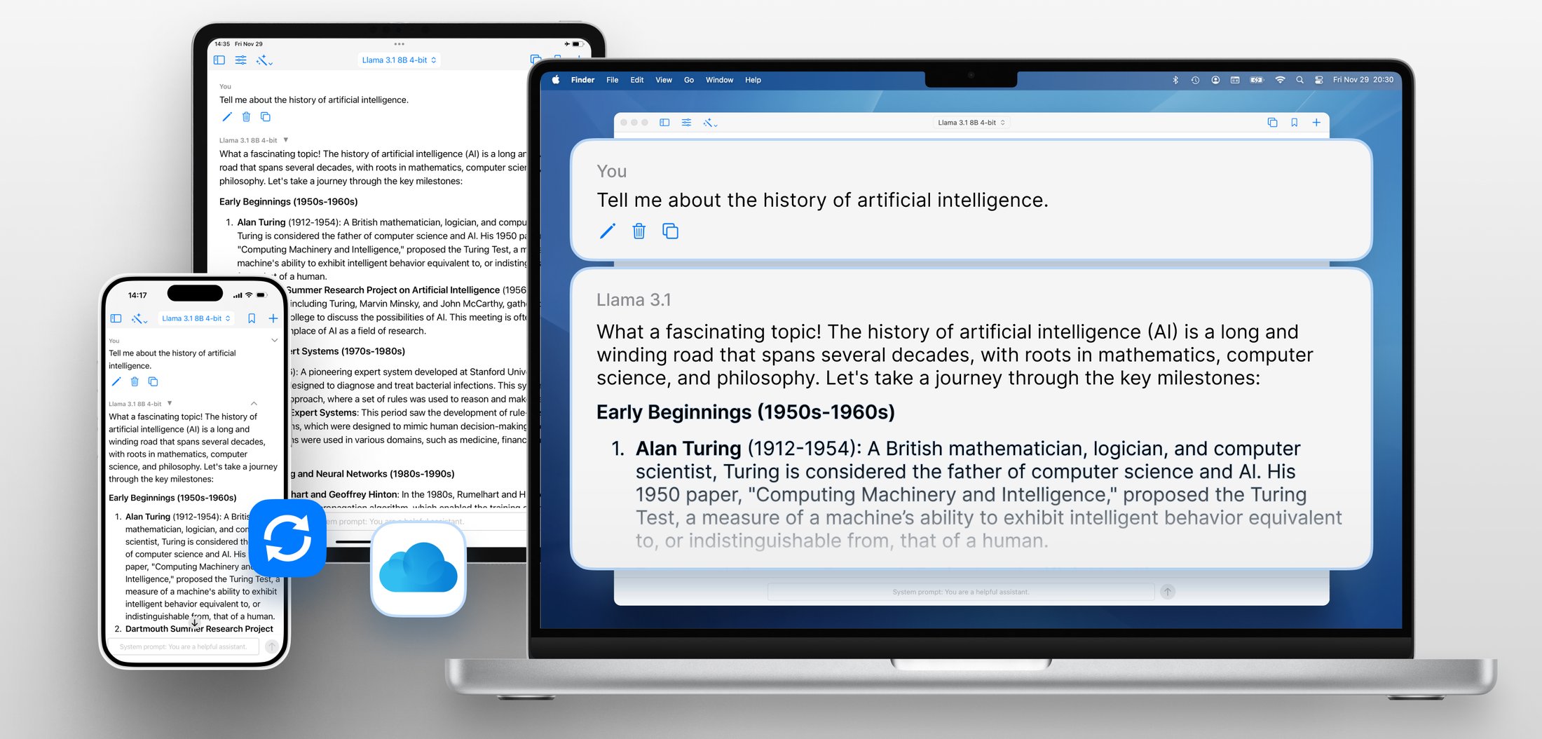 Local Chat conversations on a Mac, an iPad, and an iPhone